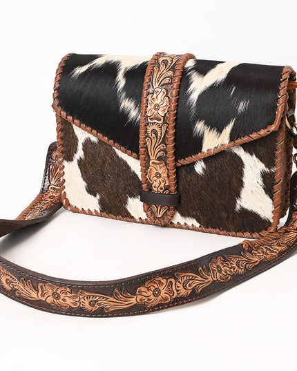 ADBGA635 Hair-On Cowhide Crossbody Bag with Tooled Leather Strap & Trim