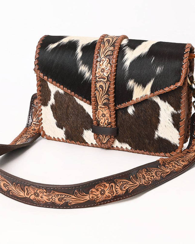 ADBGA635 Hair-On Cowhide Crossbody Bag with Tooled Leather Strap & Trim