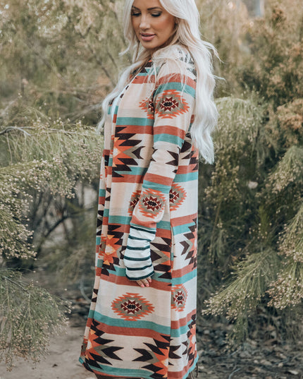 Multicolor Geometric Color Block Open Front Long Cardigan