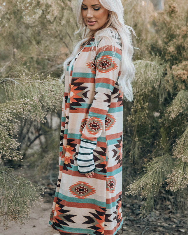 Multicolor Geometric Color Block Open Front Long Cardigan