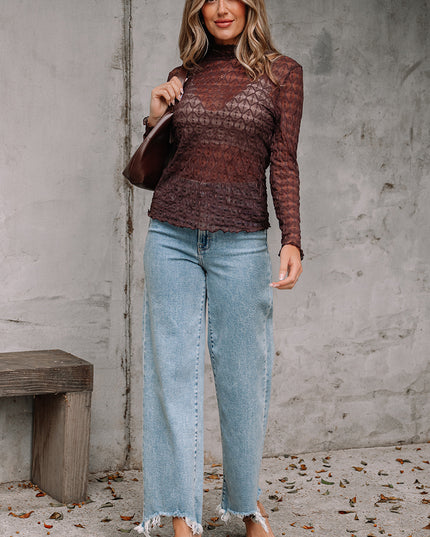 Coffee Sheer Mesh Patterned Lettuce Trim Slim Long Sleeve Top