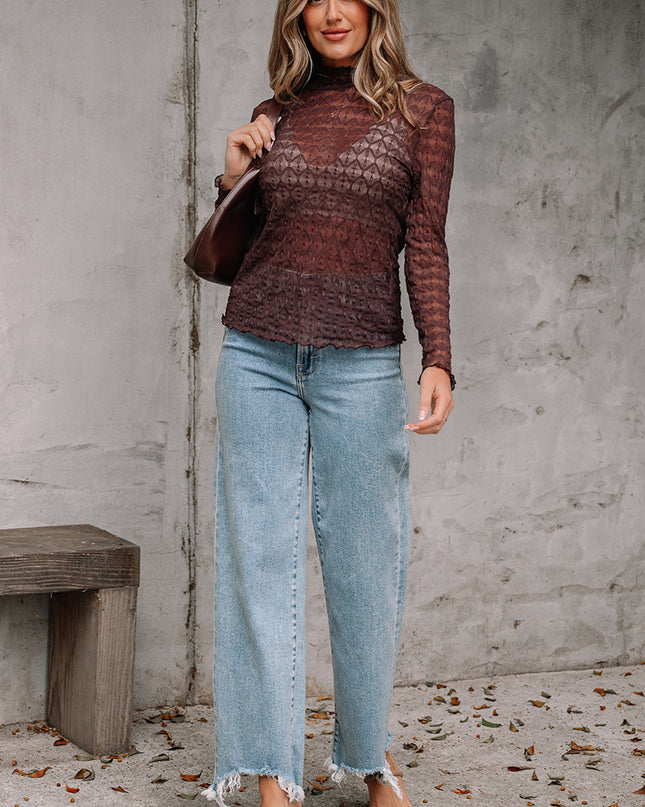 Coffee Sheer Mesh Patterned Lettuce Trim Slim Long Sleeve Top