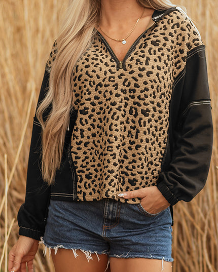 Brown Leopard Patchwork Contrast Stitching Knotted Cuff Quarter Zip Hoodie