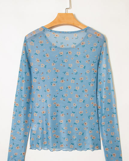 Sky Blue Vintage Floral Print Southern Style Mesh Long Sleeve Top