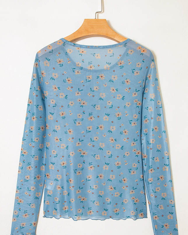 Sky Blue Vintage Floral Print Southern Style Mesh Long Sleeve Top