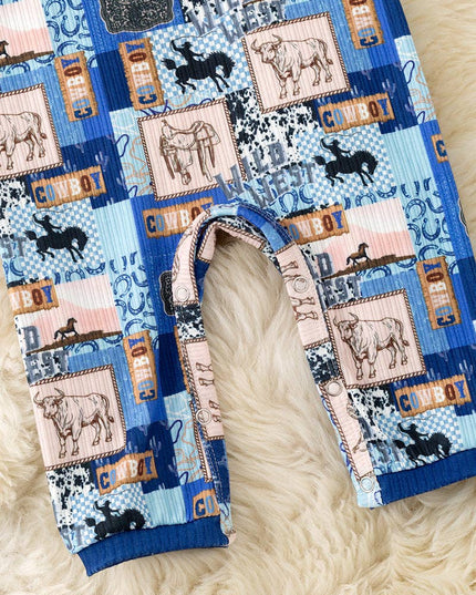 Royal blue trim/Cowboy multi-printed baby jumpsuit with snaps. RPB60322 JEAN
