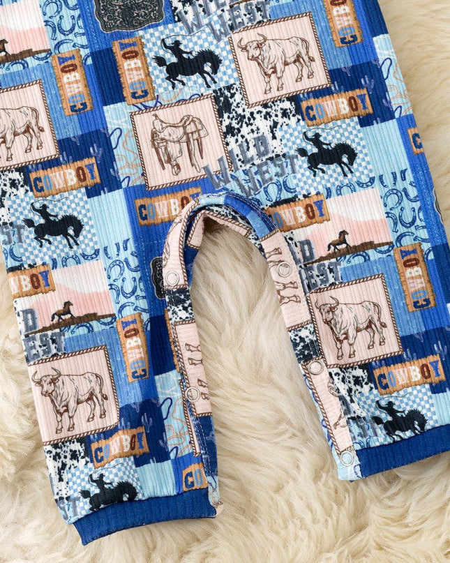 Royal blue trim/Cowboy multi-printed baby jumpsuit with snaps. RPB60322 JEAN