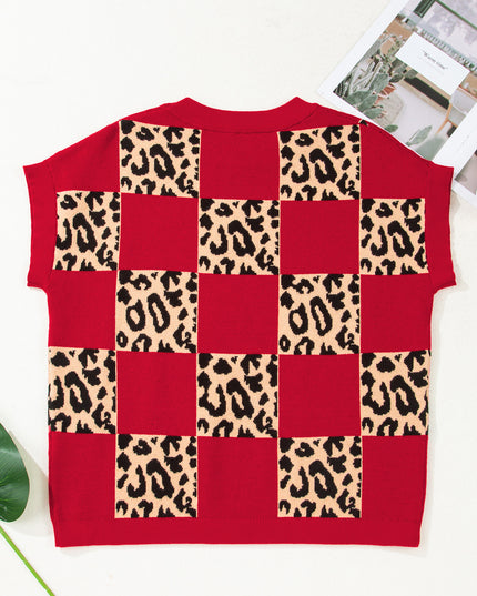 Red Leopard Checkerboard Short Sleeve Knit Sweater