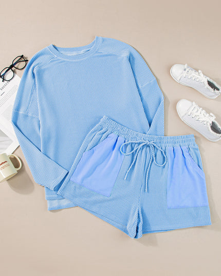 Light Blue Plus Size Ribbed Long Sleeve Top and Drawstring Shorts Set
