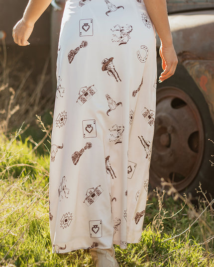 Beige Western Print Satin Long Skirt