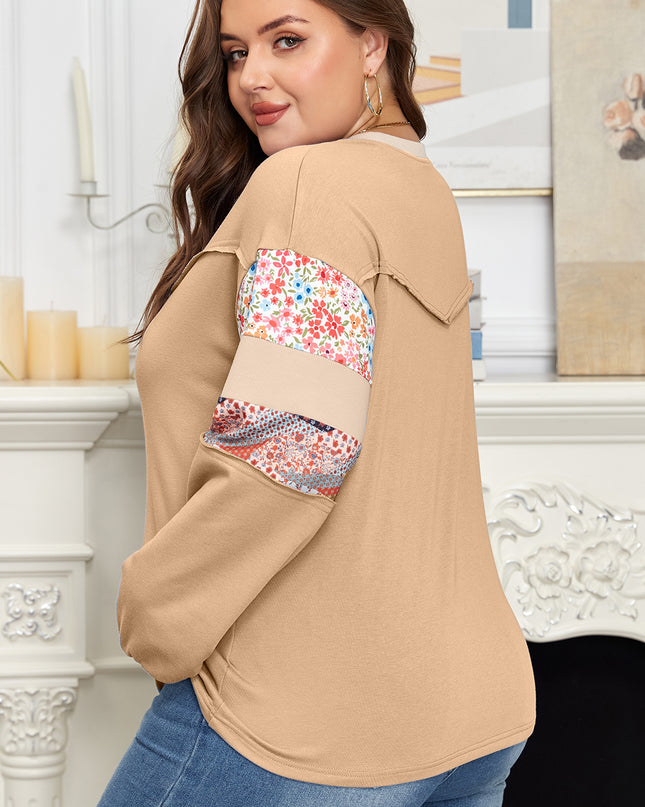 Khaki Exposed Seam Floral Mixed Patchwork Relaxed Plus Size Top