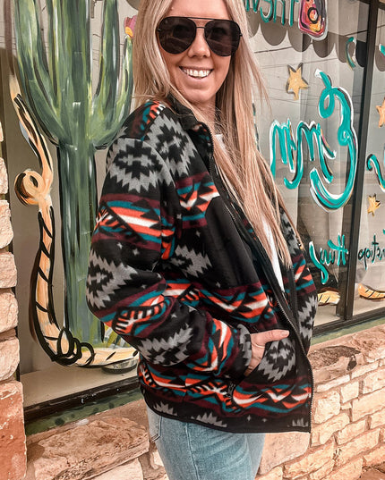Black Aztec Printed Zip Up Collar Jacket