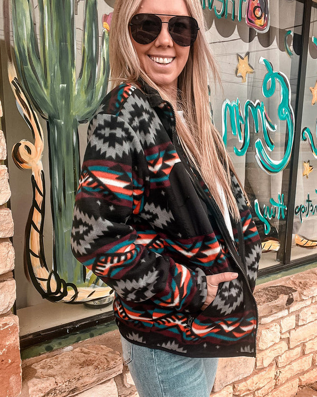 Black Aztec Printed Zip Up Collar Jacket