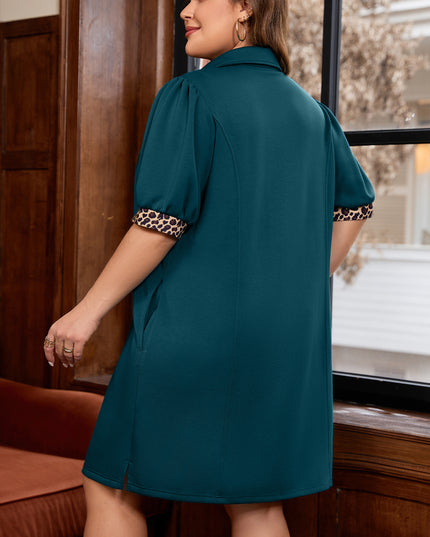 Sea Green Leopard Patchwork Detail Quarter Zip Collared Plus Size Mini Dress