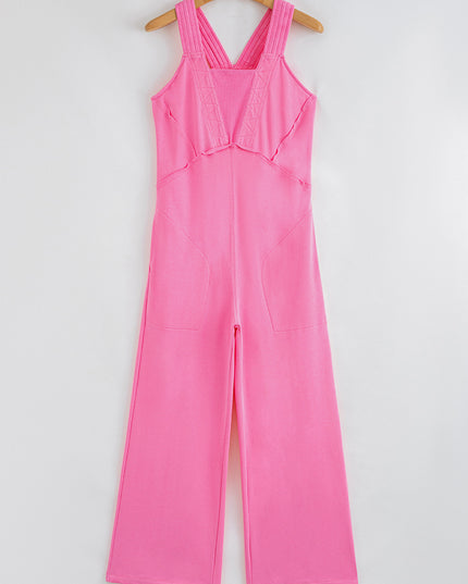 Bonbon Mineral Wash Raw Seam Patchwork Wide Leg Loose Jumpsuit