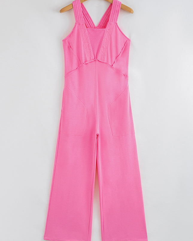 Bonbon Mineral Wash Raw Seam Patchwork Wide Leg Loose Jumpsuit