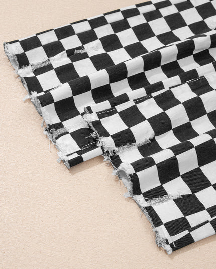 Black Checkerboard Print Distressed Holes Raw Edge Cropped Jeans