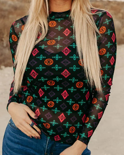 Black Western Aztec Printed Long Sleeve Mesh Top
