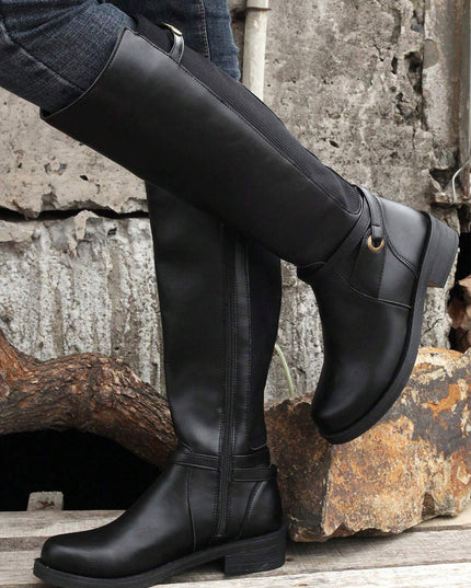 Black Side Zipper Knee High Chunky Low Heel Boots