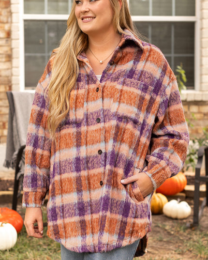Multicolour Plus Size Plaid Print Collared Button up Jacket