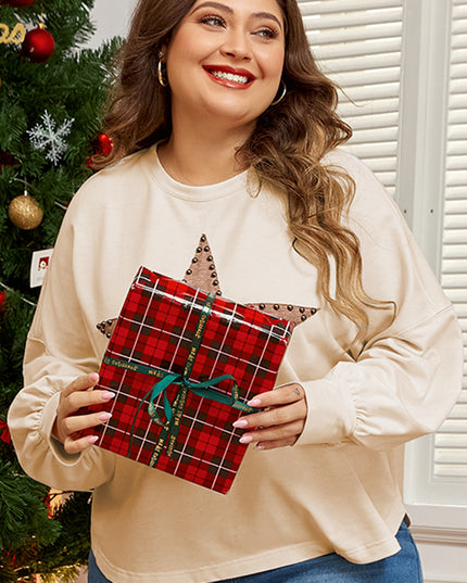 Beige Star Shape Studded Crew Neck Plus Size T Shirt