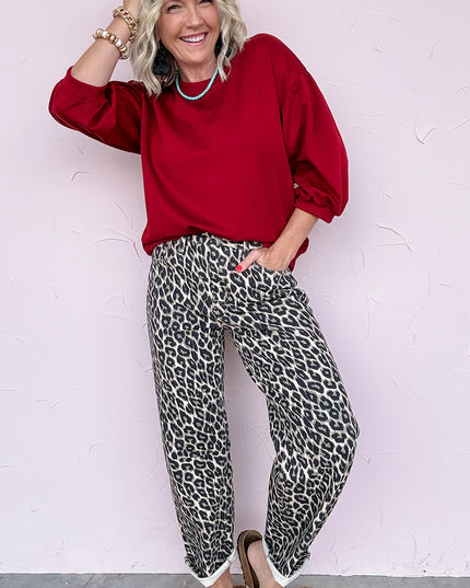 Black Leopard Print Barrel Jeans