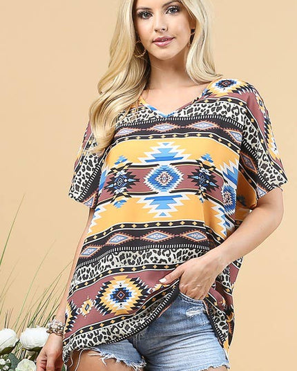 AV1178-MARLENE AZTEC PRINT WOVEN TOP