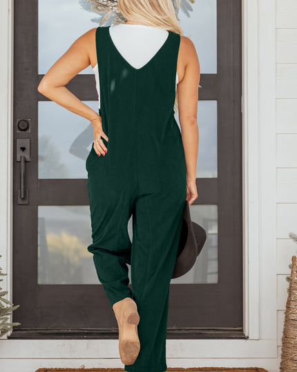 Evergreen Corduroy V Neck Patched Pocket Sleeveless Jumpsuit