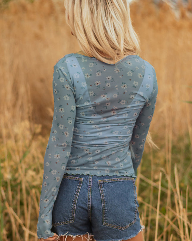 Sky Blue Vintage Floral Print Southern Style Mesh Long Sleeve Top