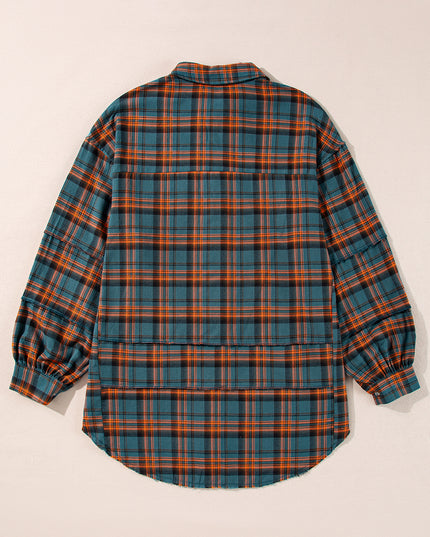 Green Plaid Long Sleeeve Side Split Distressed Hem Shirt