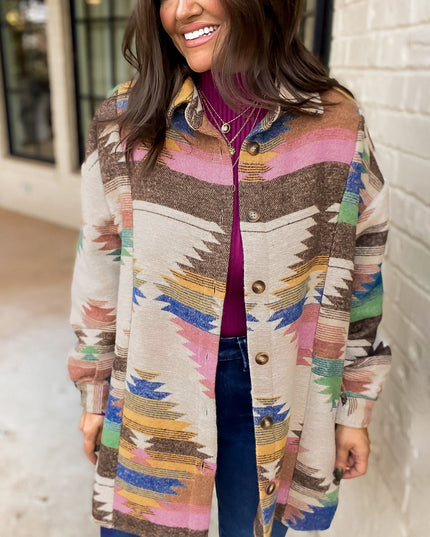 White Aztec Print Button Up Shacket