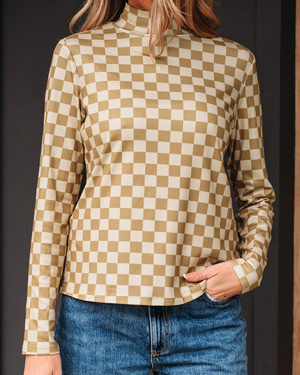 Khaki Check Pattern Turtleneck Ribbed Slim Long Sleeve Tee