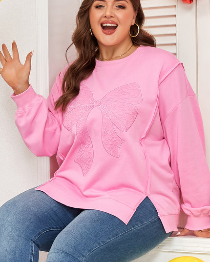 Pink Big Bow Lace Embroidered Dolman Sleeve Slit Plus Size Sweatshirt