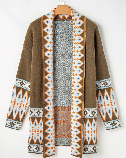 Brown Aztec Print Open Front Knitted Cardigan