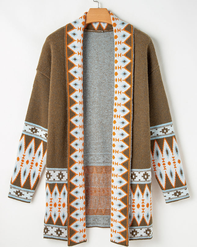 Brown Aztec Print Open Front Knitted Cardigan