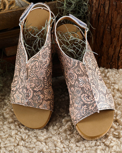 Brown Vintage Floral Leather Rivet Hollowed Platform Sandals