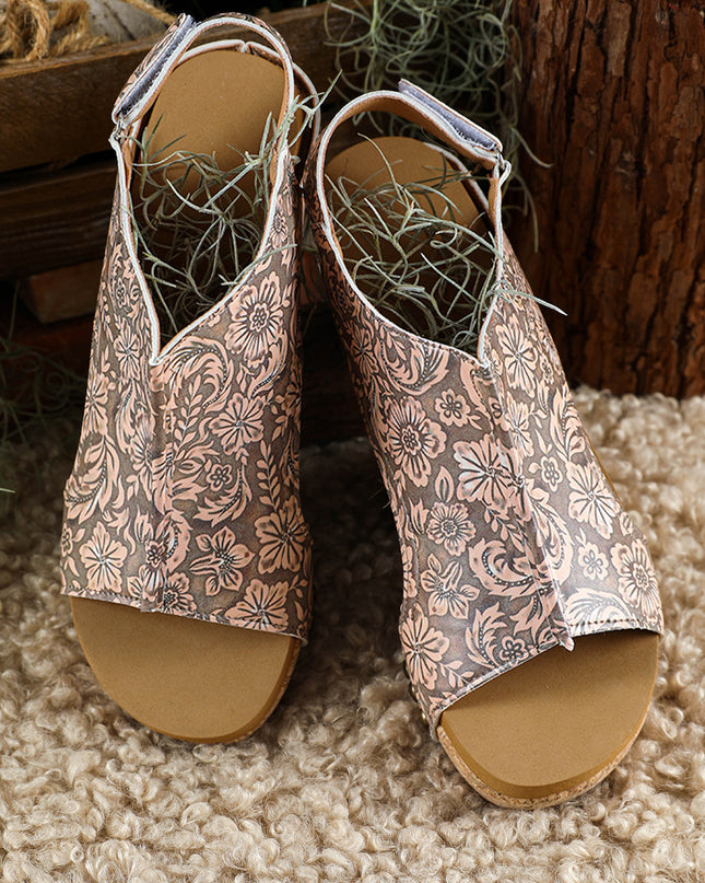 Brown Vintage Floral Leather Rivet Hollowed Platform Sandals