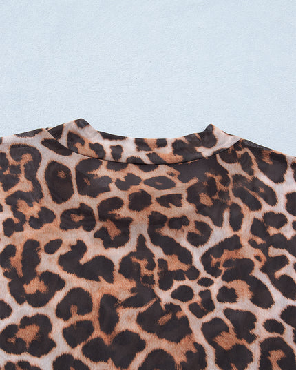 Brown Plus Size Mock Neck Leopard Mesh Top