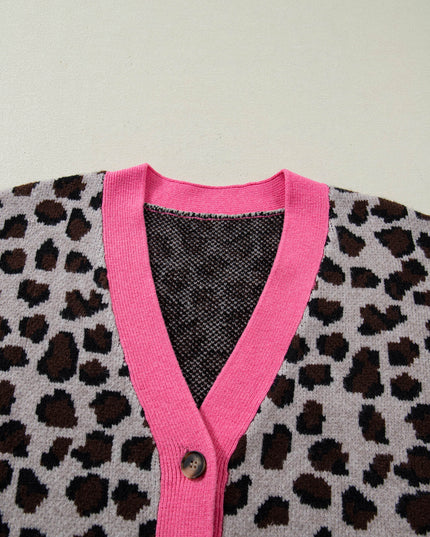 Khaki Oversize Color Block Trim Button Down Leopard Print Cardigan