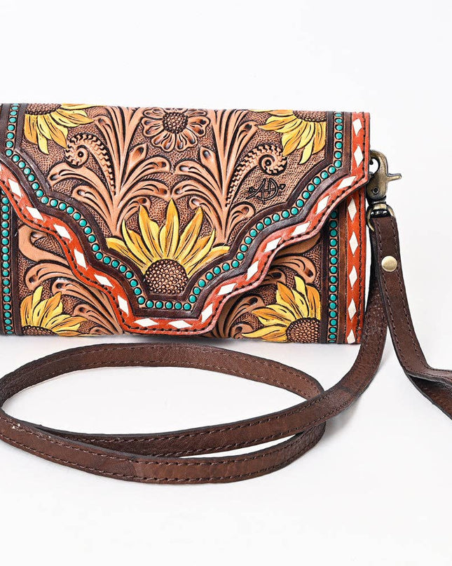 ADBGA393 Tooled Leather Wallet Bag with Turquoise Stud Trim & Floral Design