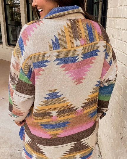 White Aztec Print Button Up Shacket