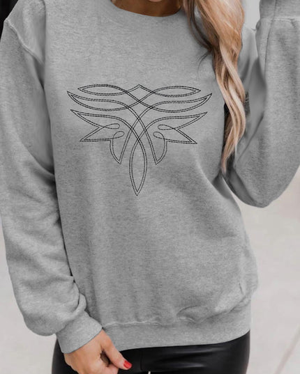 Gray Western Pattern Embroidered Drop Shoulder Pullover Top