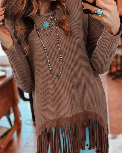 Coffee Waffle Knit Fringed High Low Loose Top
