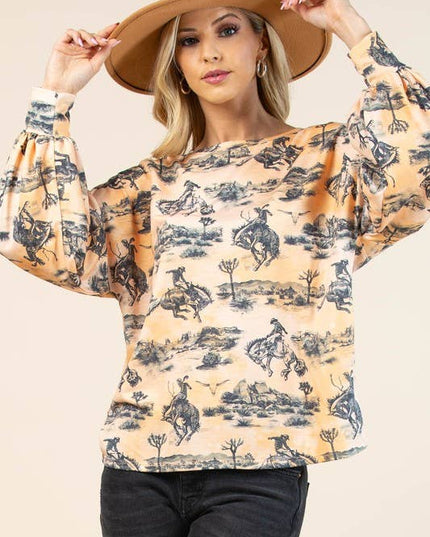 AV1171-JADEN WESTERN BUCKING HORSES PRINT SWEATSHIRT