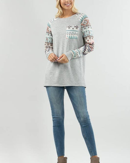 KC013B-SIMONE AZTEC PRINT COLOR BLOCK RAGLAN TOP