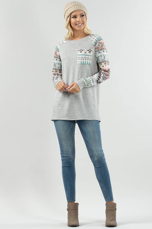 KC013B-SIMONE AZTEC PRINT COLOR BLOCK RAGLAN TOP