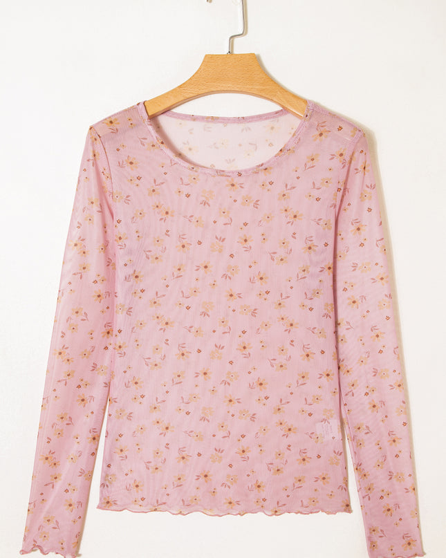 Pink Vintage Floral Print Southern Style Mesh Long Sleeve Top