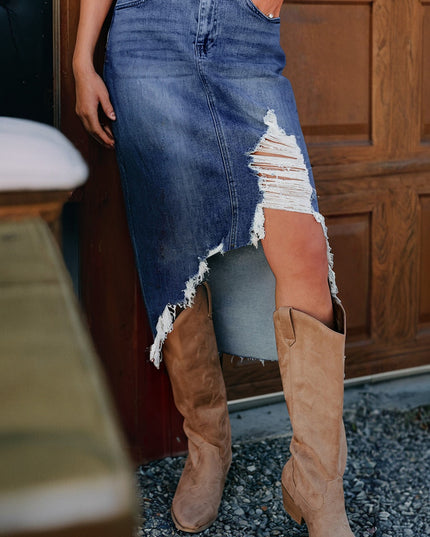 Dearlove Myosotis Irregular Distressed Bottom Denim Midi Skirt