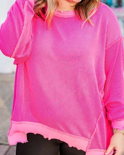 Rose Red Drop Shoulder Uneven Hem Plus Size Twisted Rib Top
