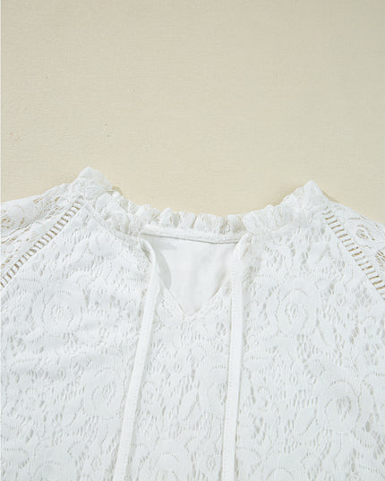 White Tie V Neck Lace Ruffle Detail Long Sleeve Blouse